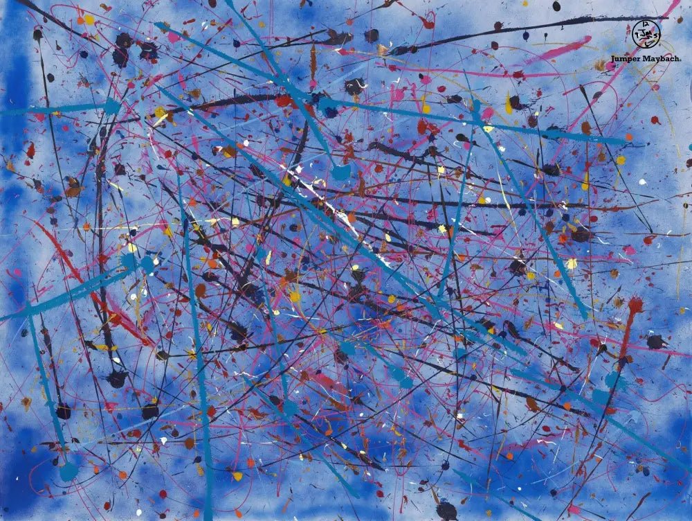 Original mixed media artwork "Carnival Surprise" by Jumper Maybach, 55x71 inches, featuring vibrant, whimsical carnival imagery.