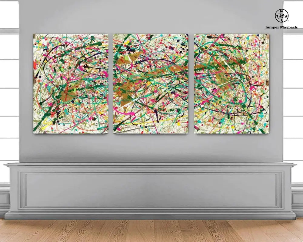Three abstract paintings on a white wall in an art gallery.