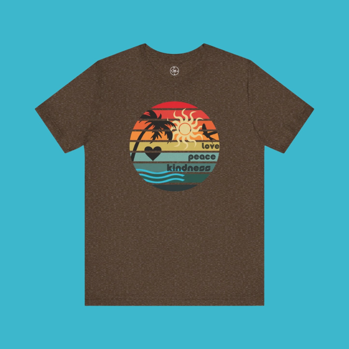 Brown t-shirt with a colorful graphic design on a white background