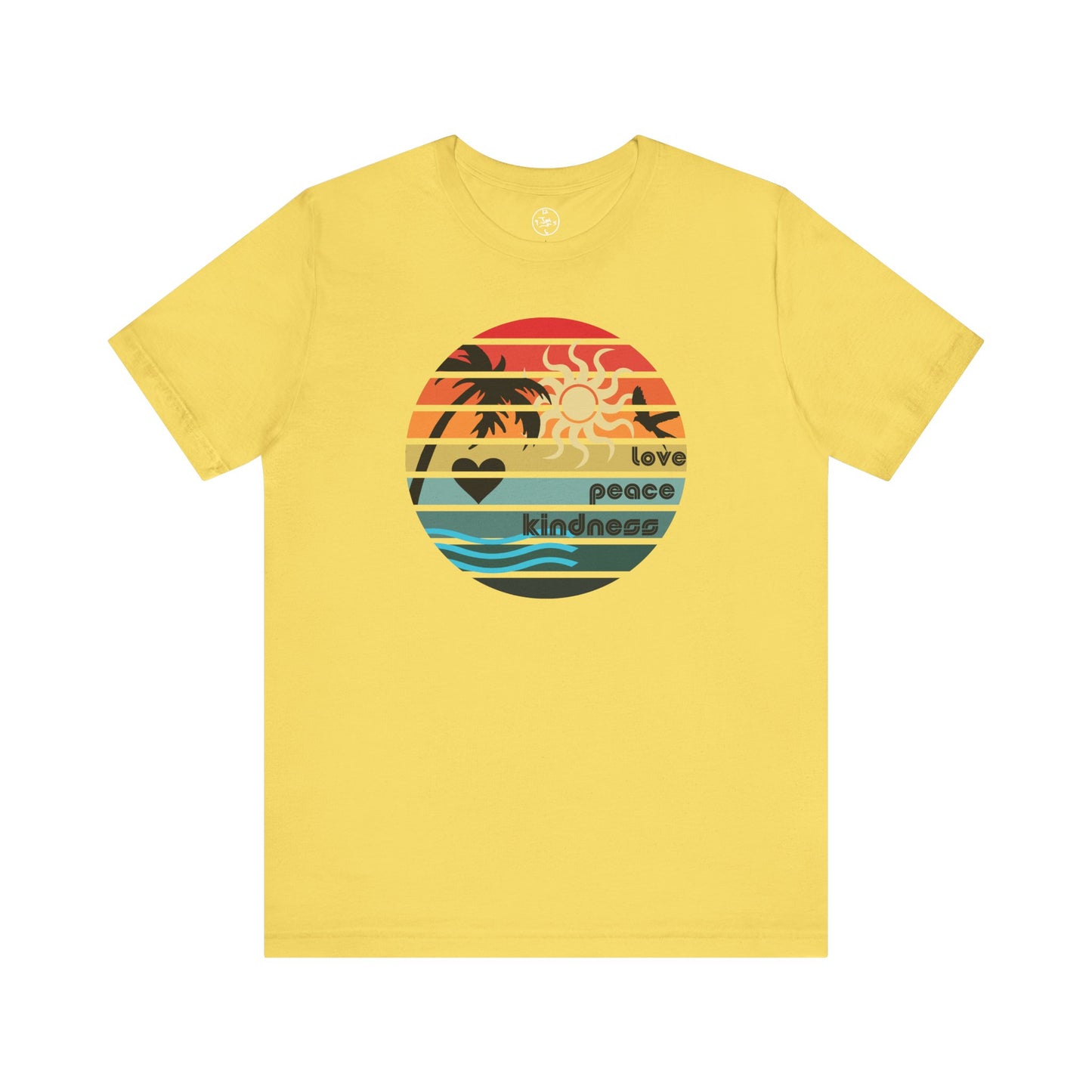 Yellow t-shirt with a colorful graphic design on a white background