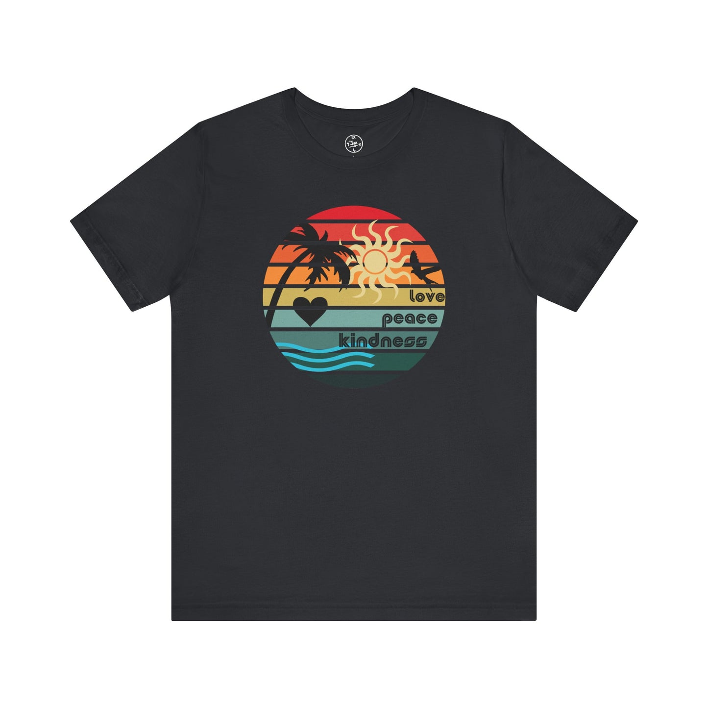 Black t-shirt with a colorful graphic design on a white background