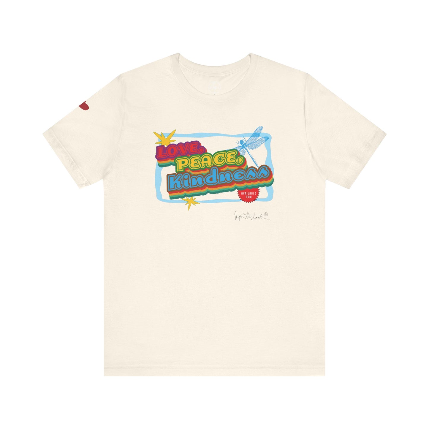 Beige t-shirt with colorful 'Peace Love Kindness' graphic on a white background