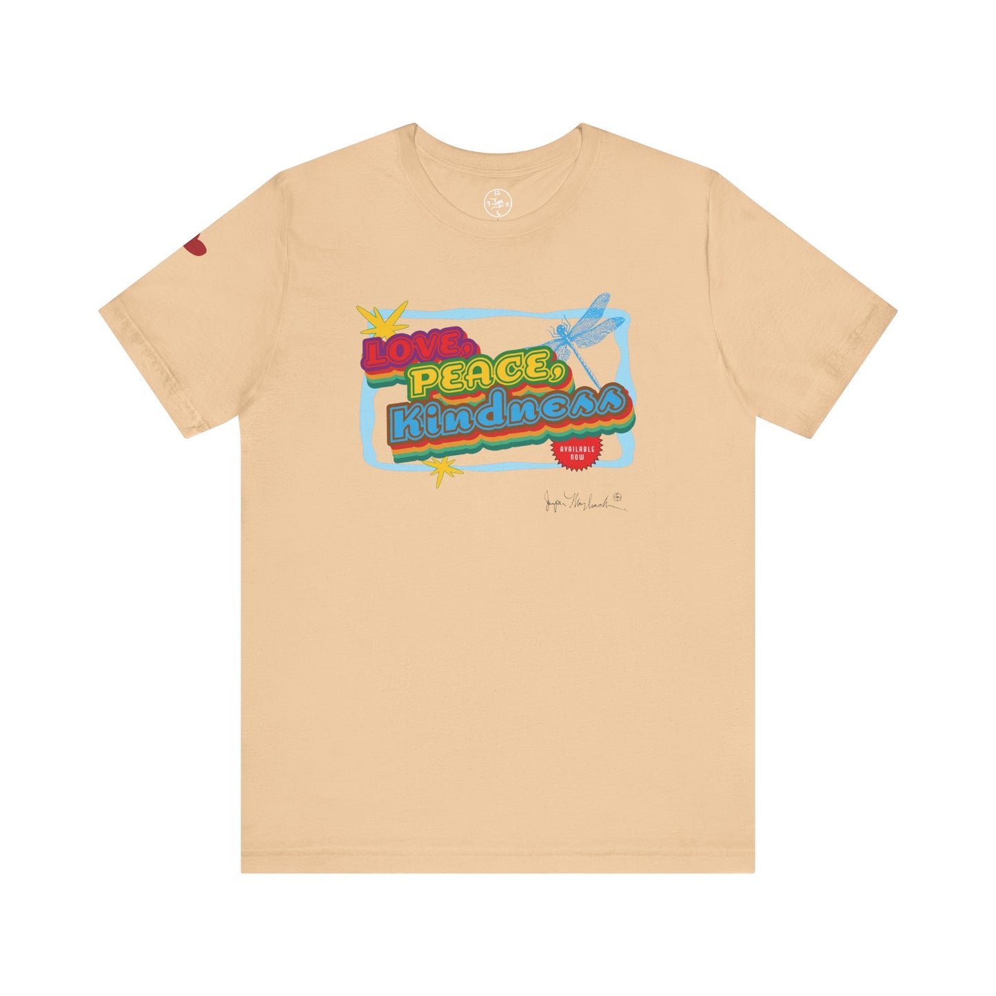 Beige t-shirt with colorful graphic design on a white background