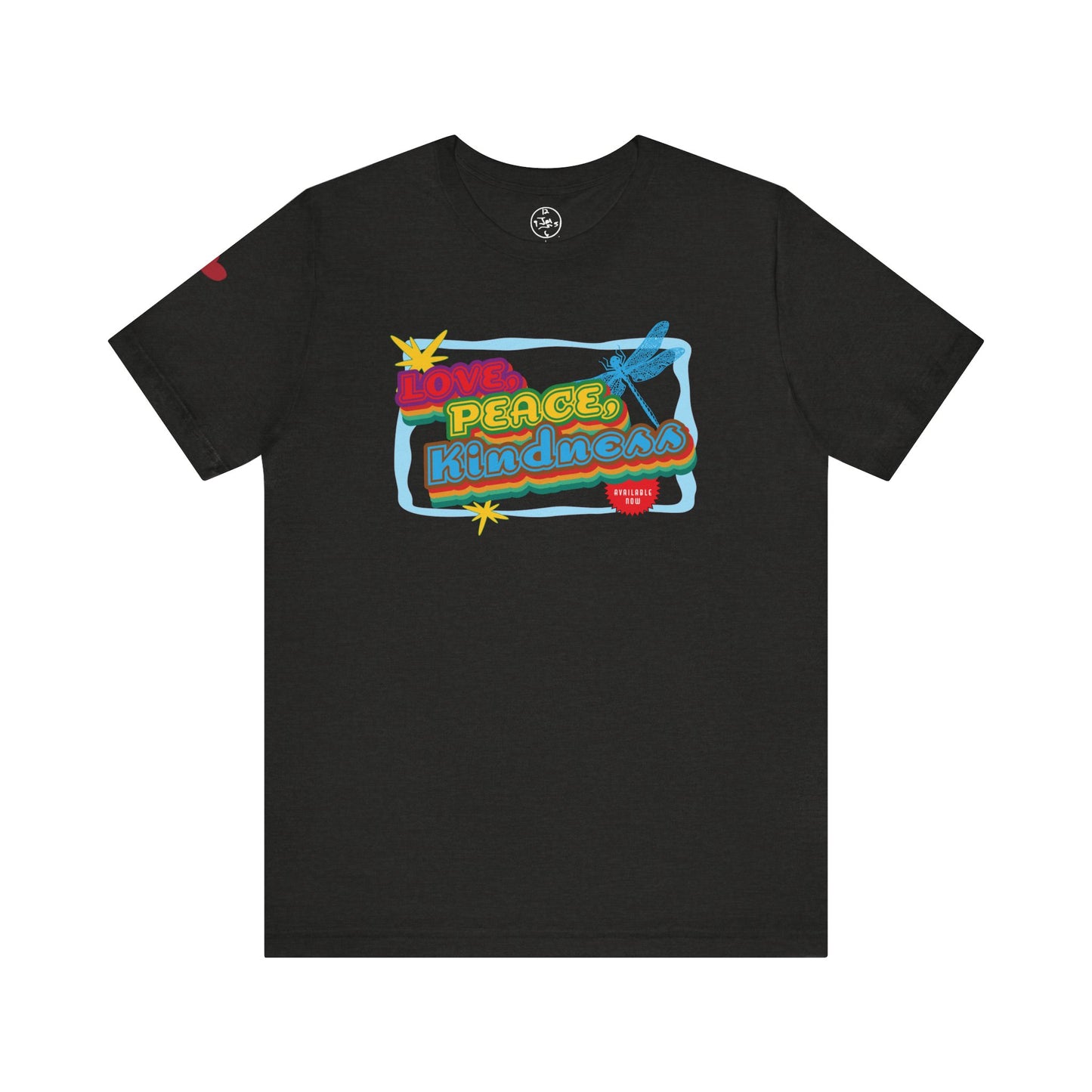 Black t-shirt with colorful 'Love Peace Kindness' graphic on a white background