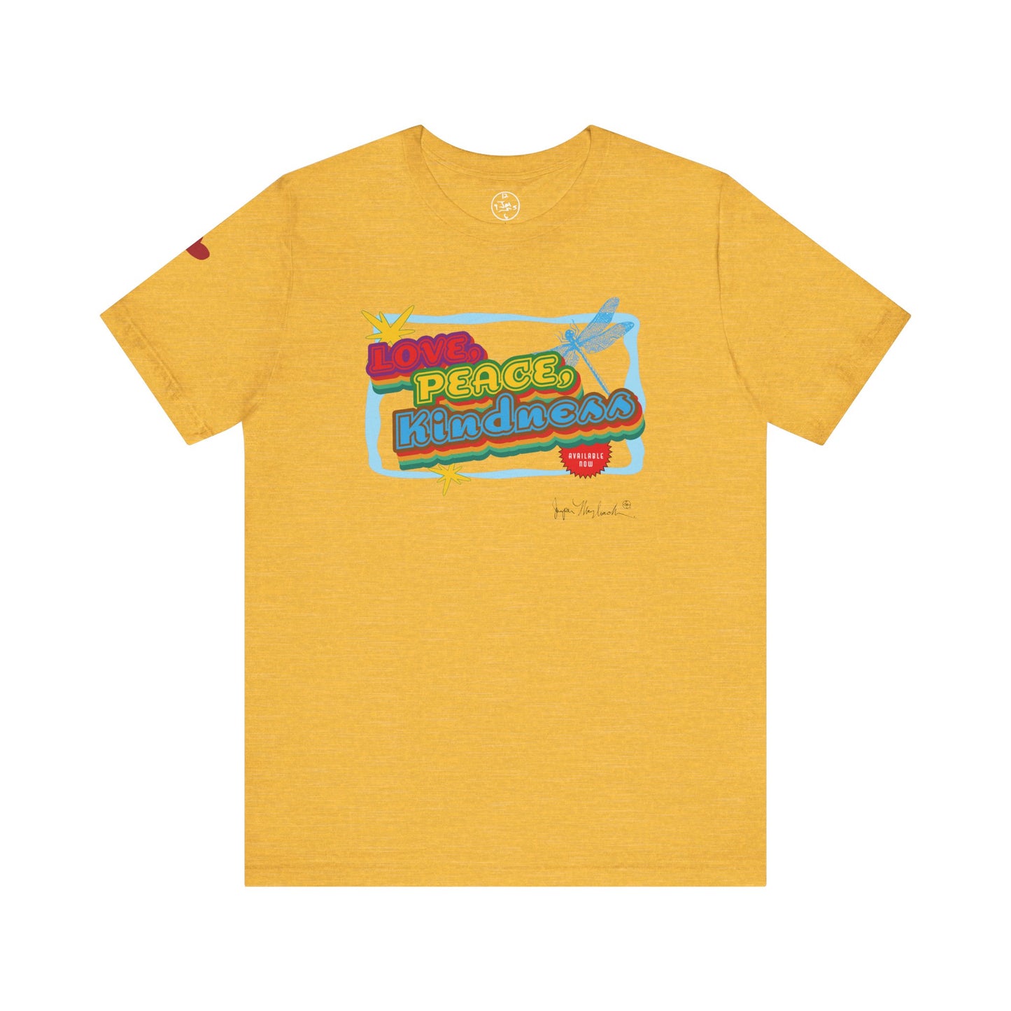 Yellow t-shirt with colorful graphic design on a white background