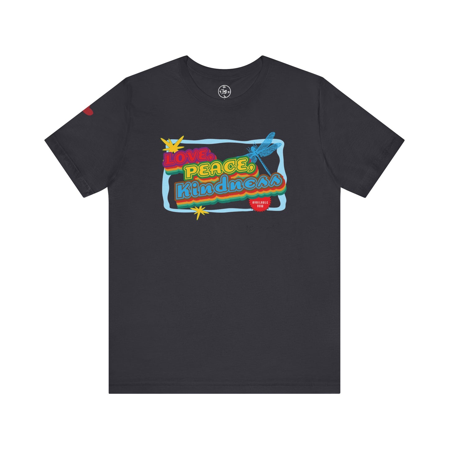 Black t-shirt with colorful graphic design on a white background