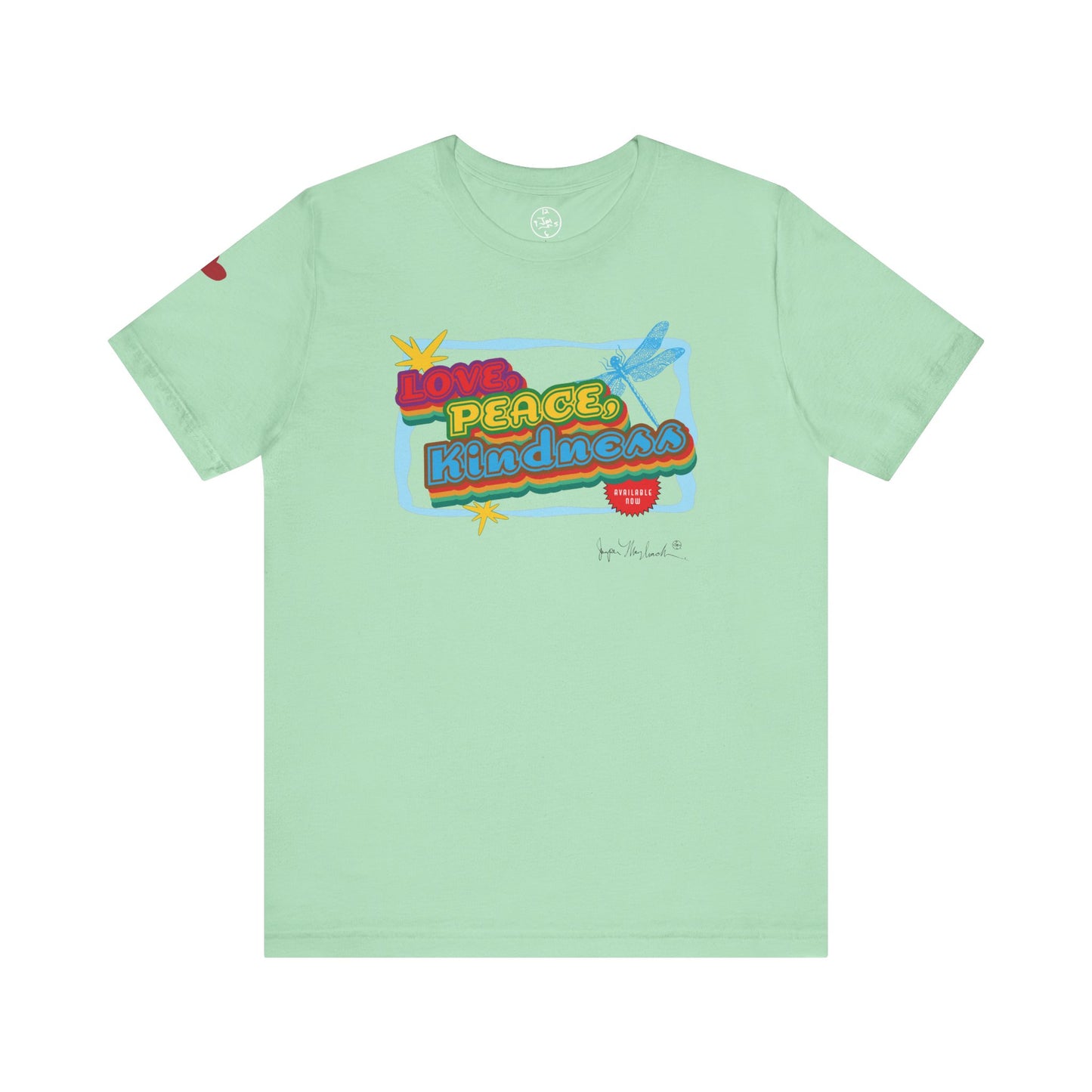 Light green t-shirt with colorful graphic design on a white background