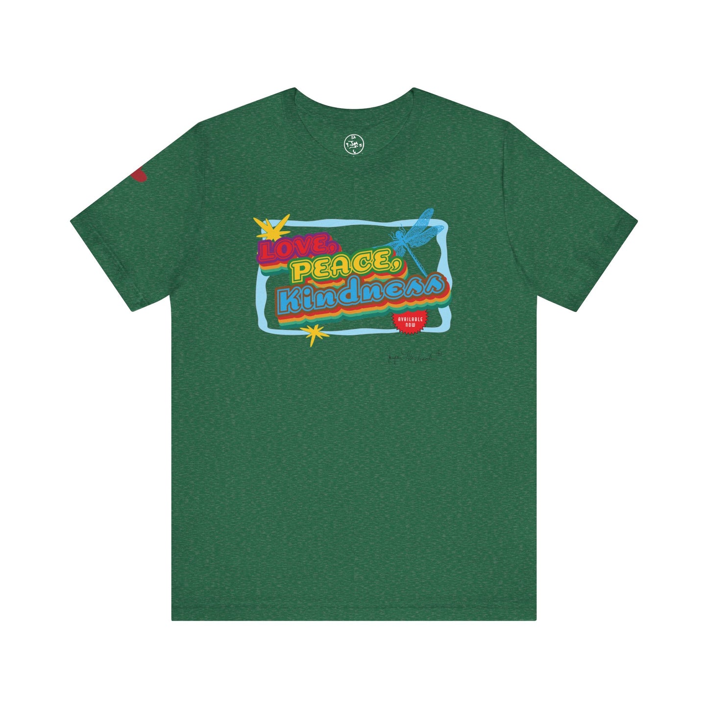 Green t-shirt with colorful graphic design on a white background