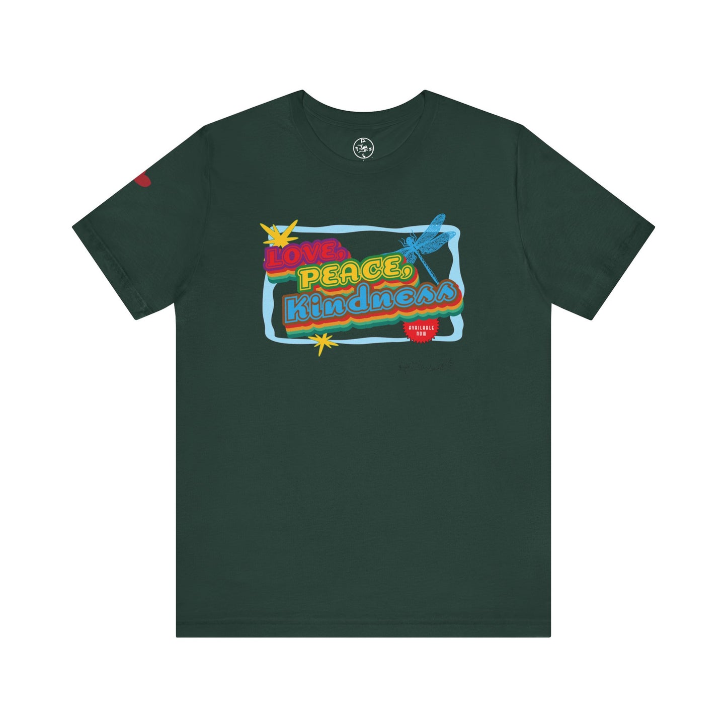 Green t-shirt with colorful graphic design on a white background