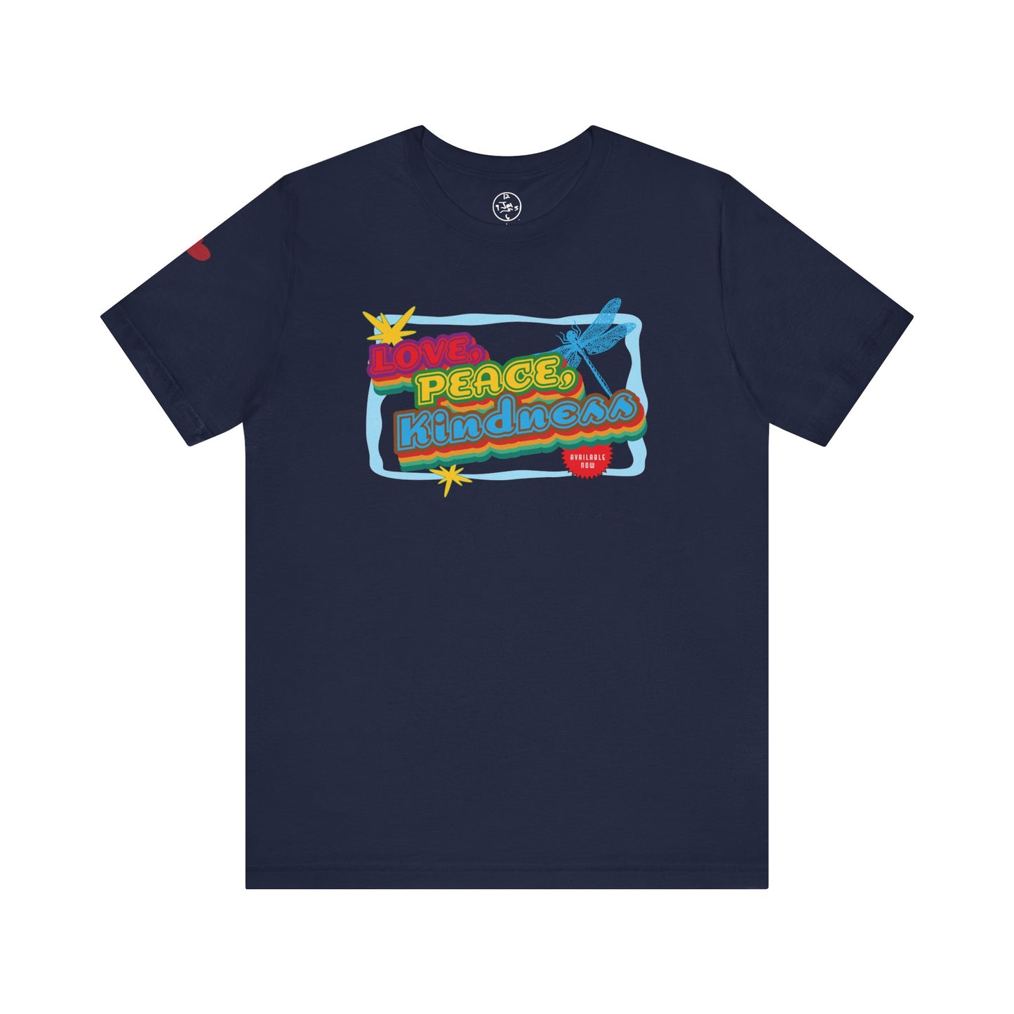 Navy blue t-shirt with colorful 'Love, Peace, Kindness' graphic on a white background