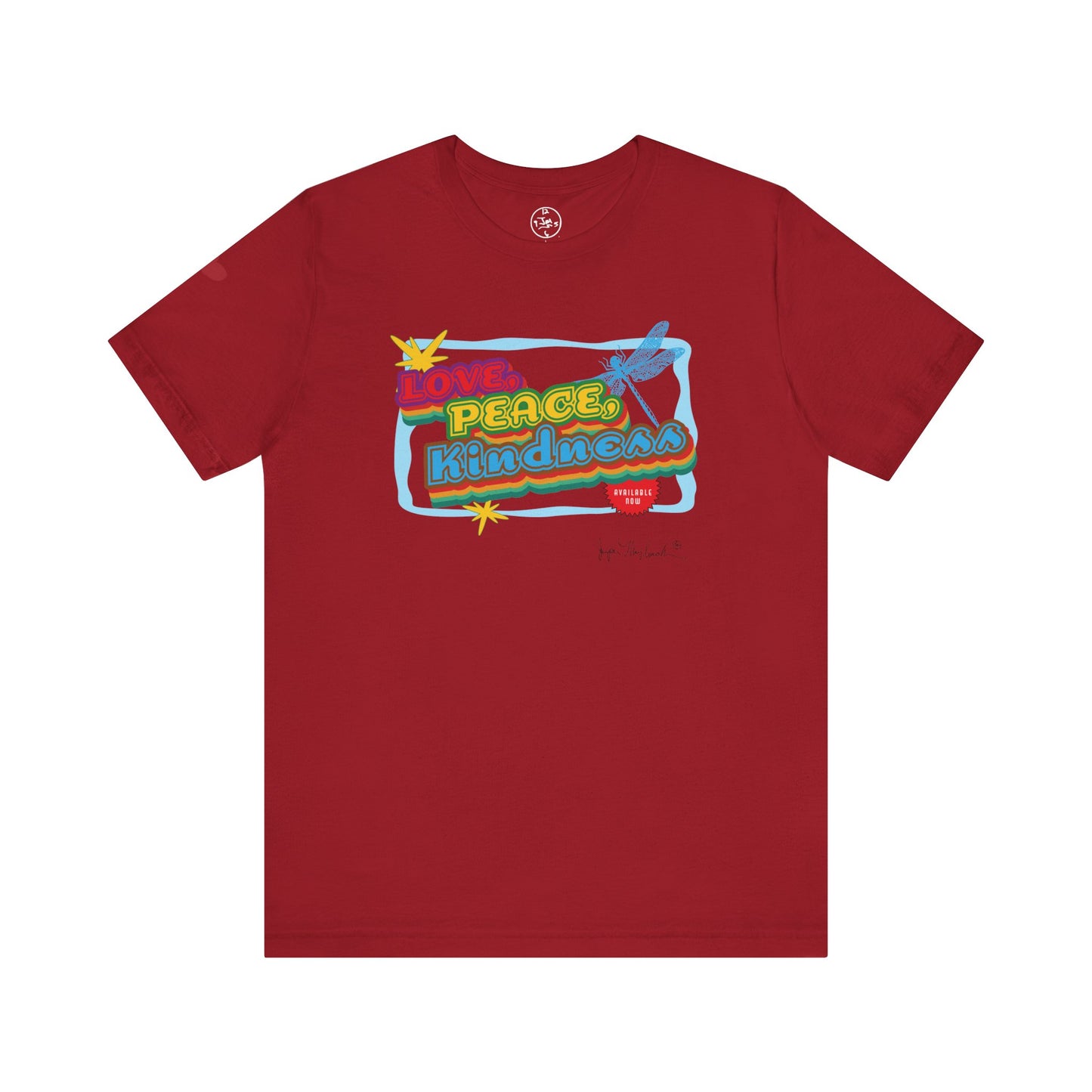 Red t-shirt with colorful graphic design on a white background
