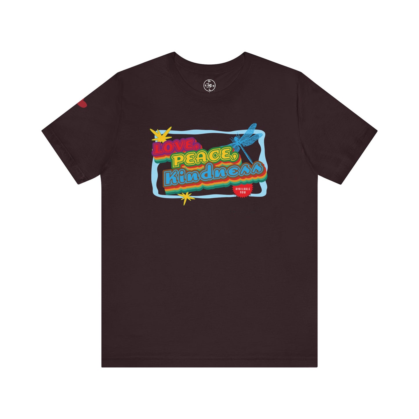 Black t-shirt with colorful 'Love Peace Kindness' graphic on a white background