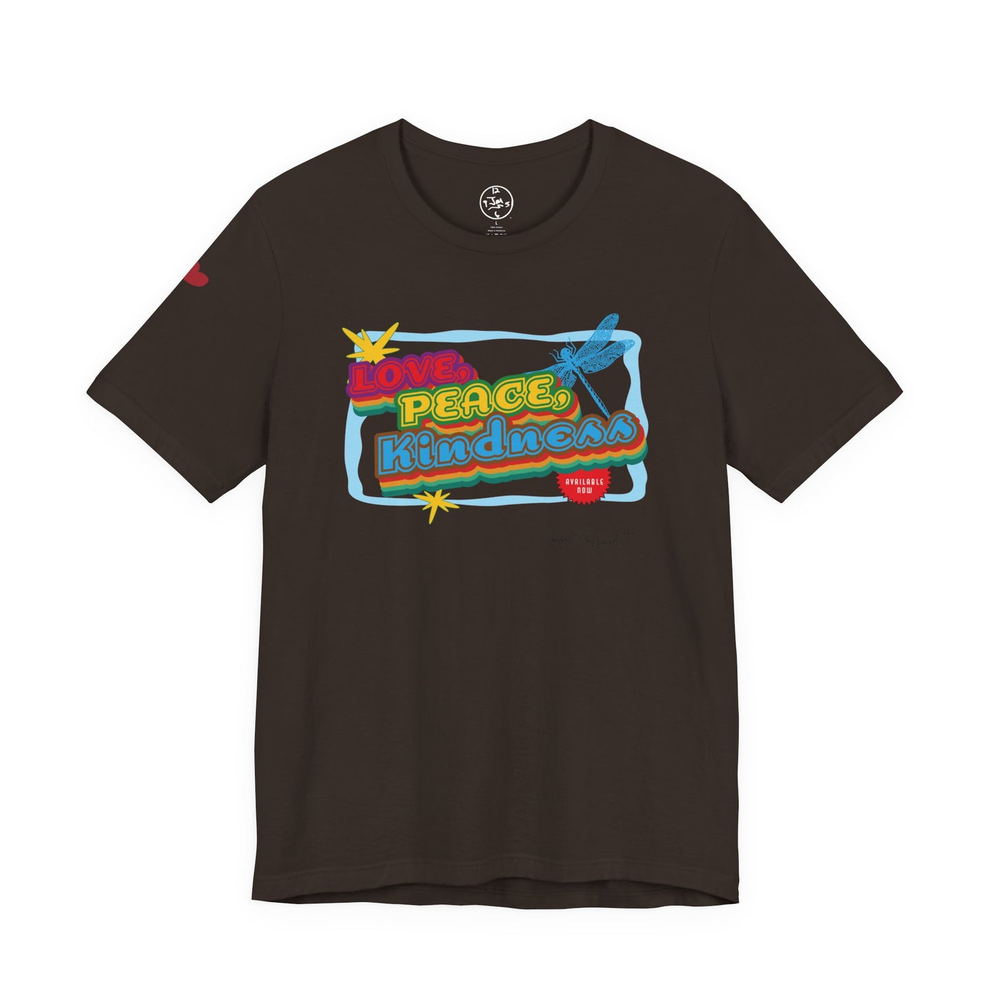 Black t-shirt with colorful graphic design on a white background
