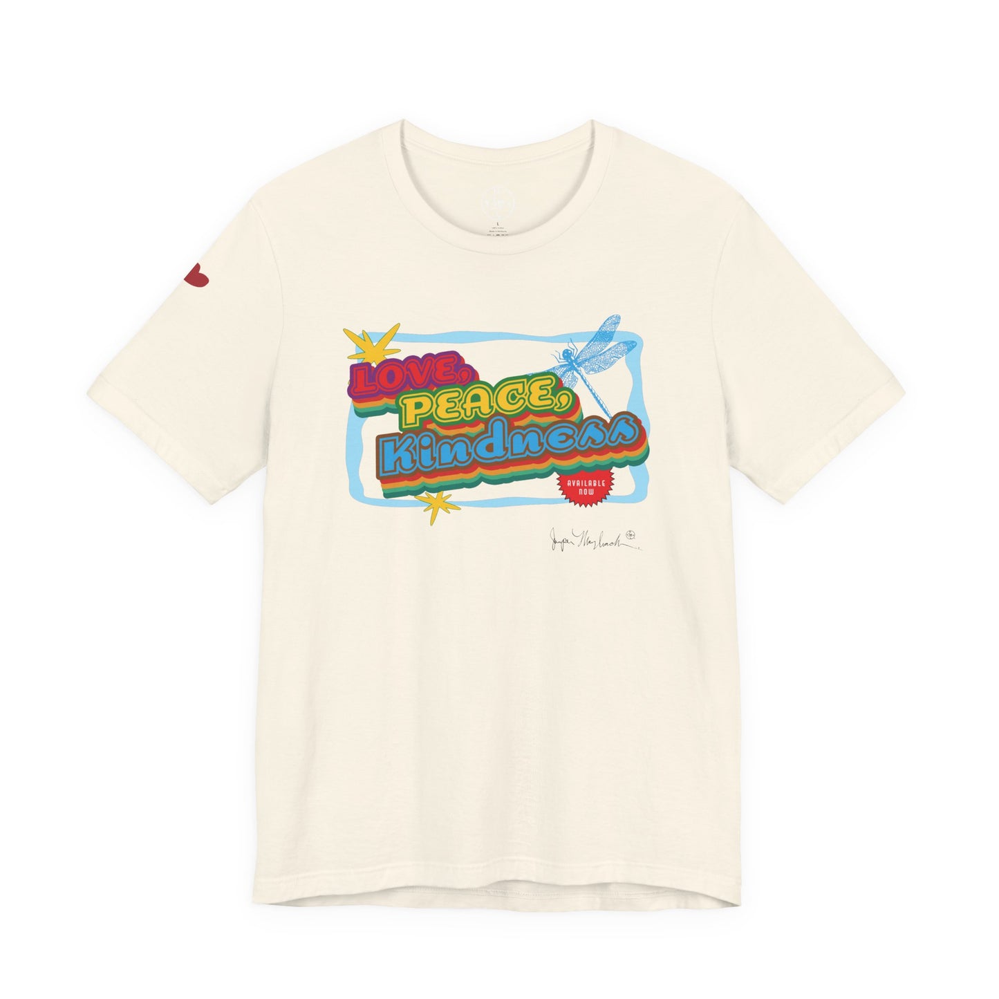 Beige t-shirt with colorful graphic design on a white background