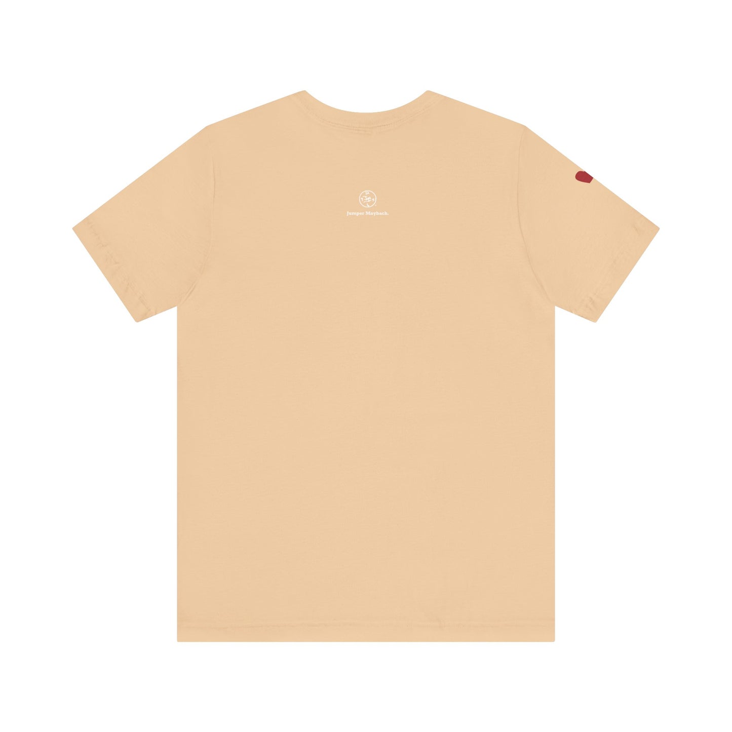 Beige t-shirt with a small logo on the chest area against a white background