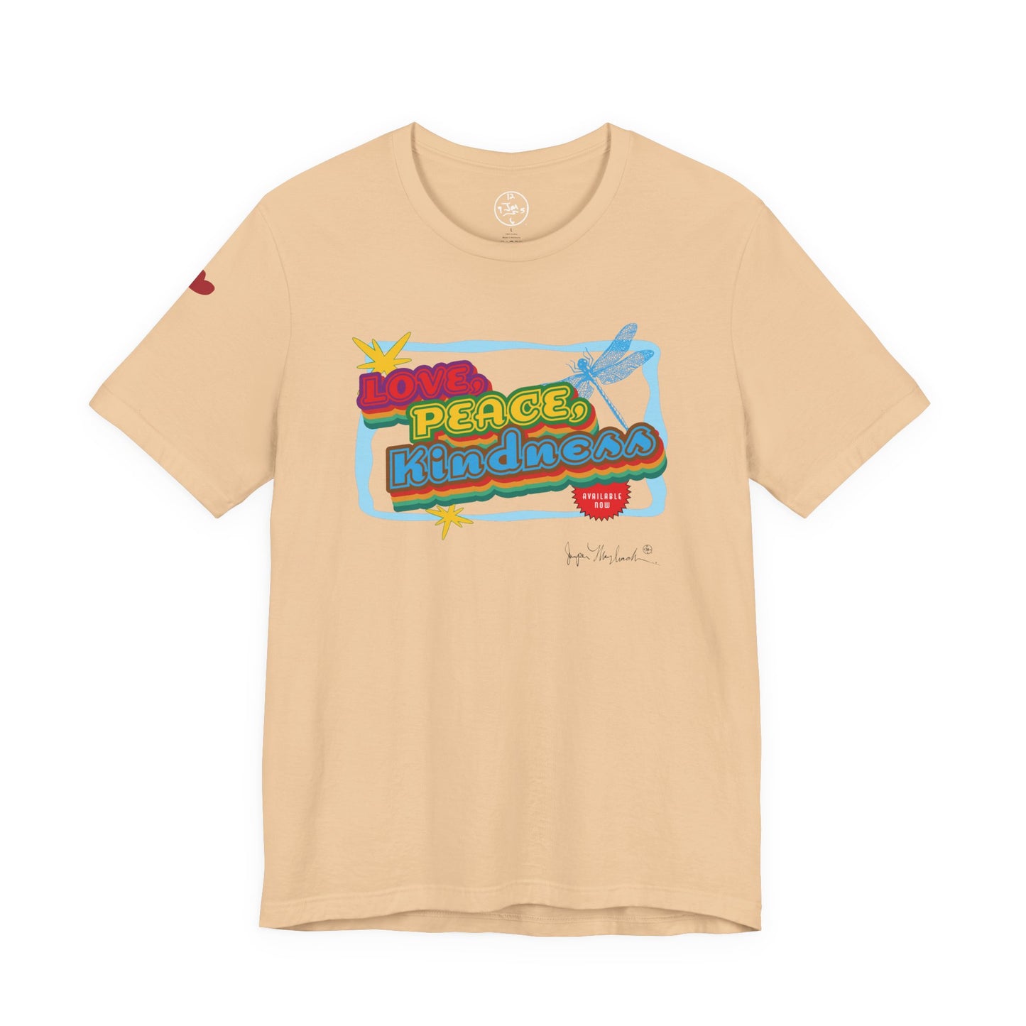 Beige t-shirt with colorful graphic design on a white background