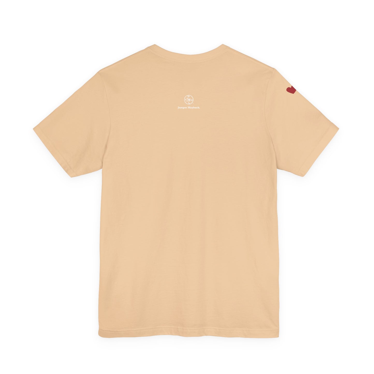 Beige t-shirt with a logo on the back against a white background