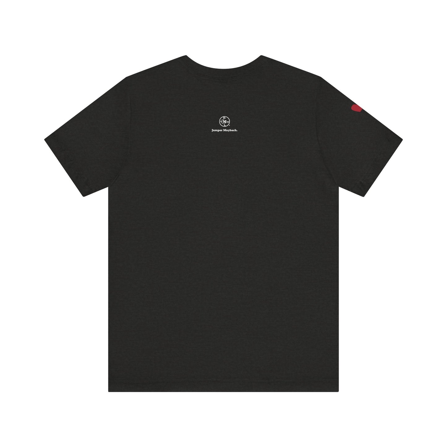 Black t-shirt with a logo on the back against a white background