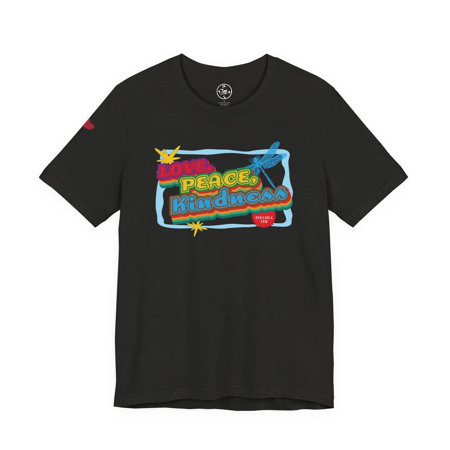Black t-shirt with colorful graphic design on a white background