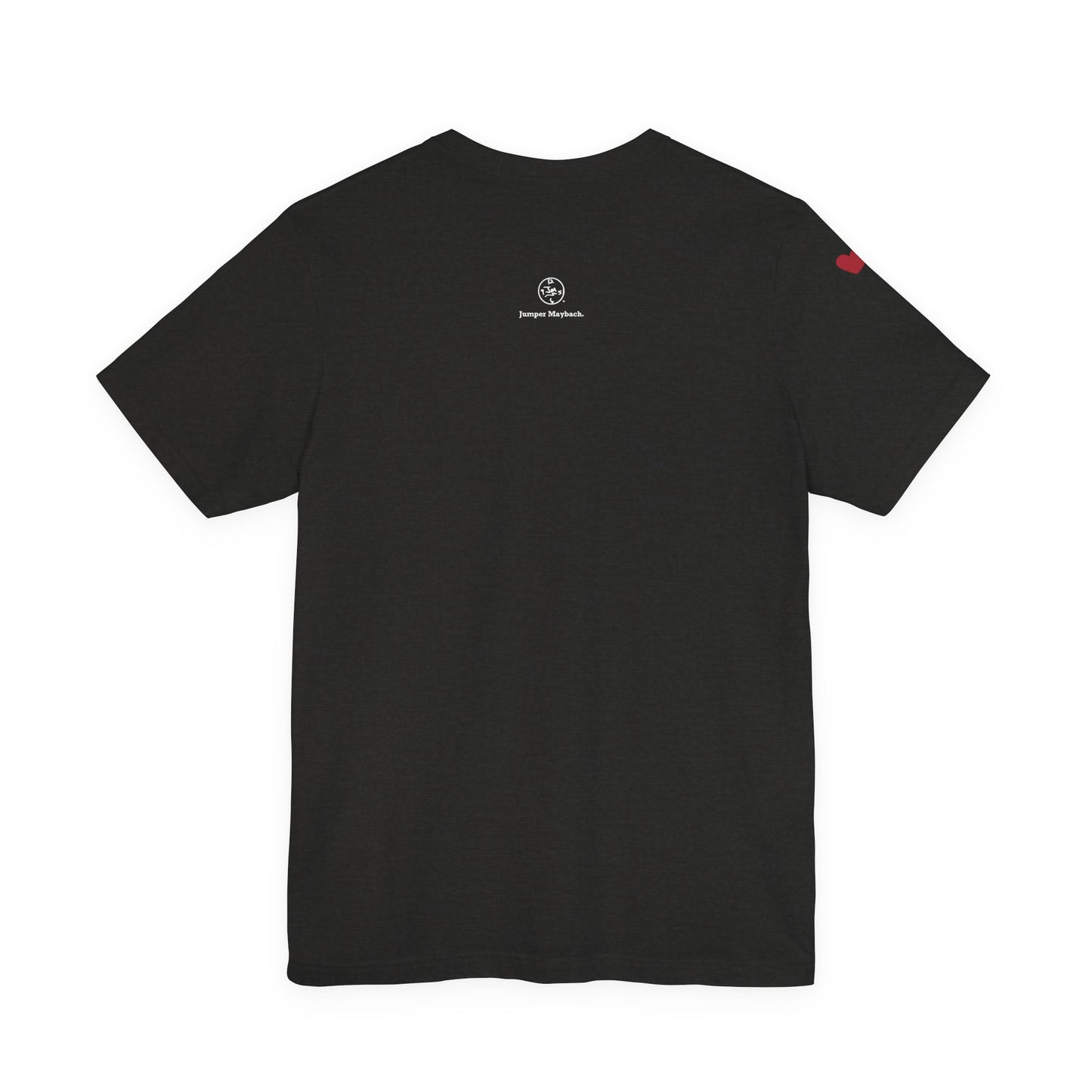 Black t-shirt with a logo on the back against a white background