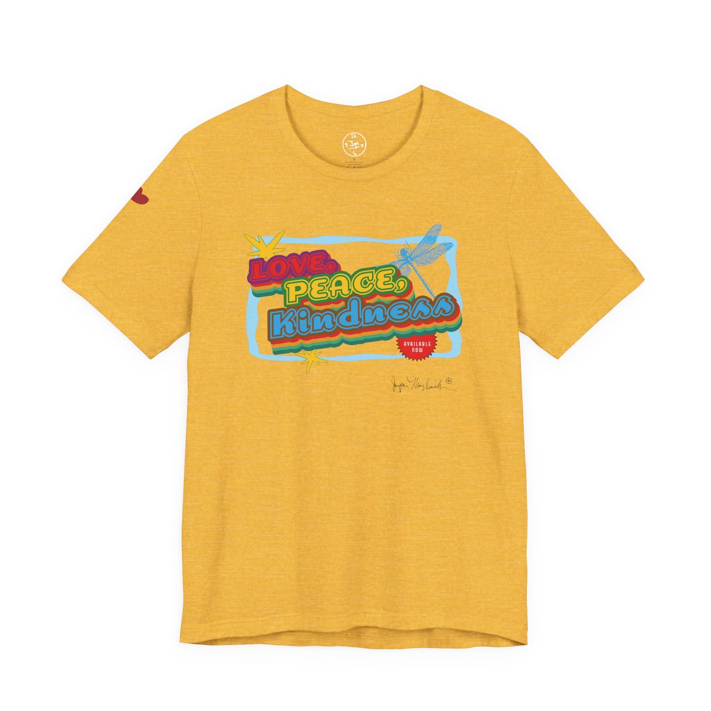 Yellow t-shirt with colorful graphic and text on a white background