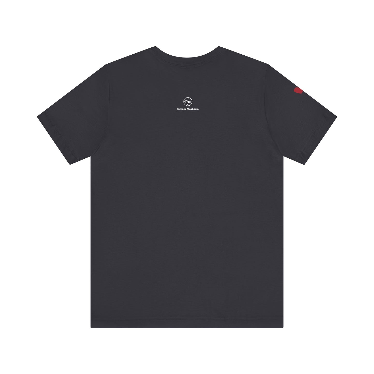Black t-shirt with a logo on the back against a white background