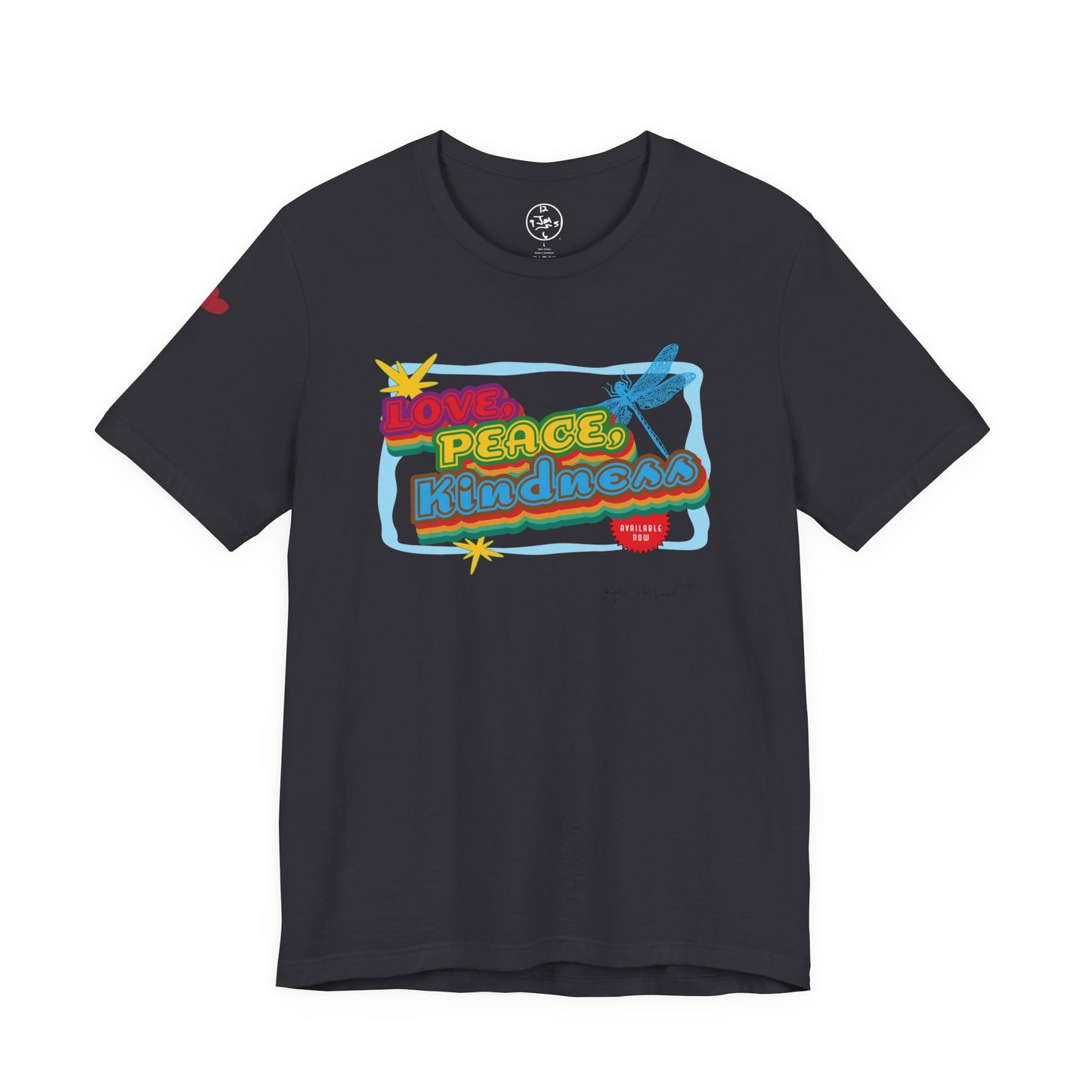 Black t-shirt with colorful graphic design on a white background