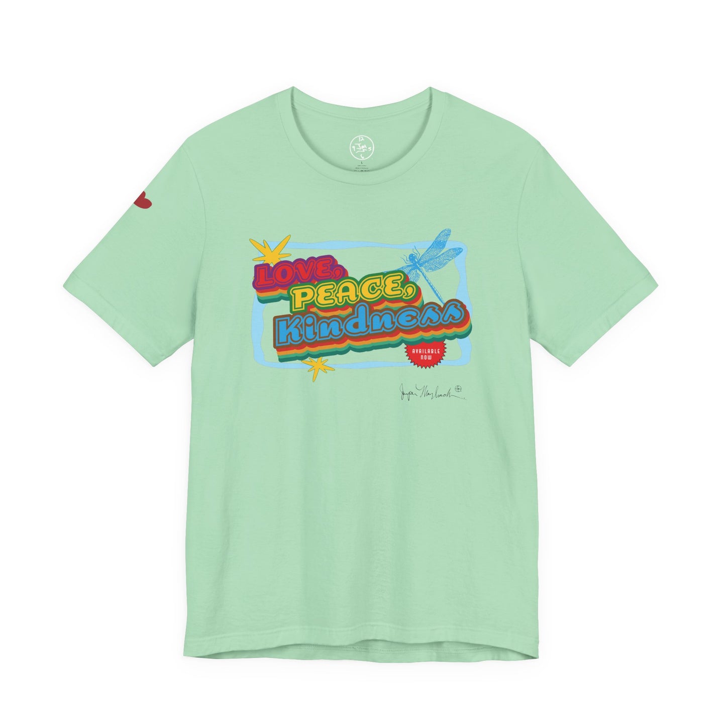 Light green t-shirt with colorful graphic design on a white background