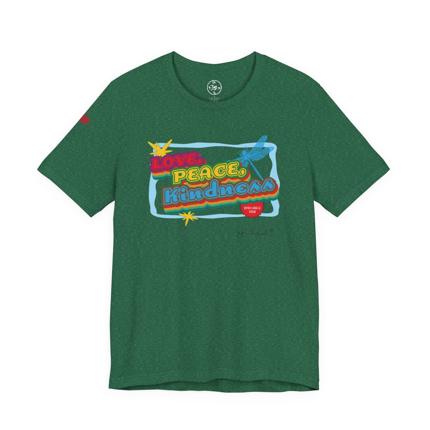 Green t-shirt with colorful graphic design on a white background