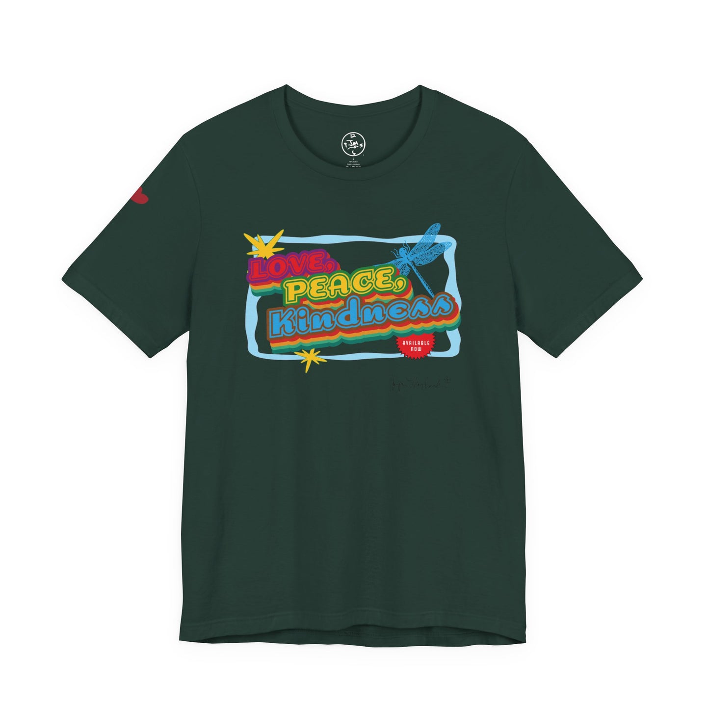 Dark green t-shirt with colorful graphic design on a white background