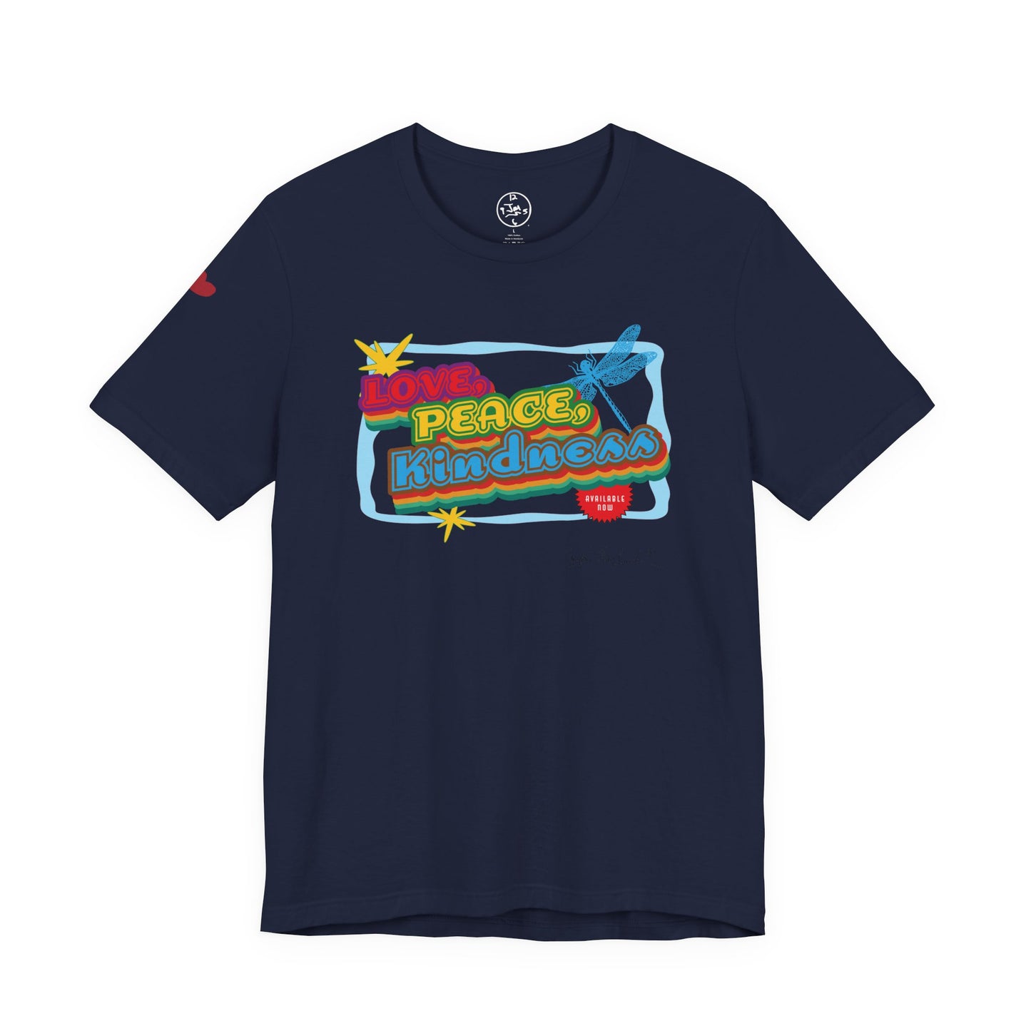 Navy blue t-shirt with colorful graphic design on a white background