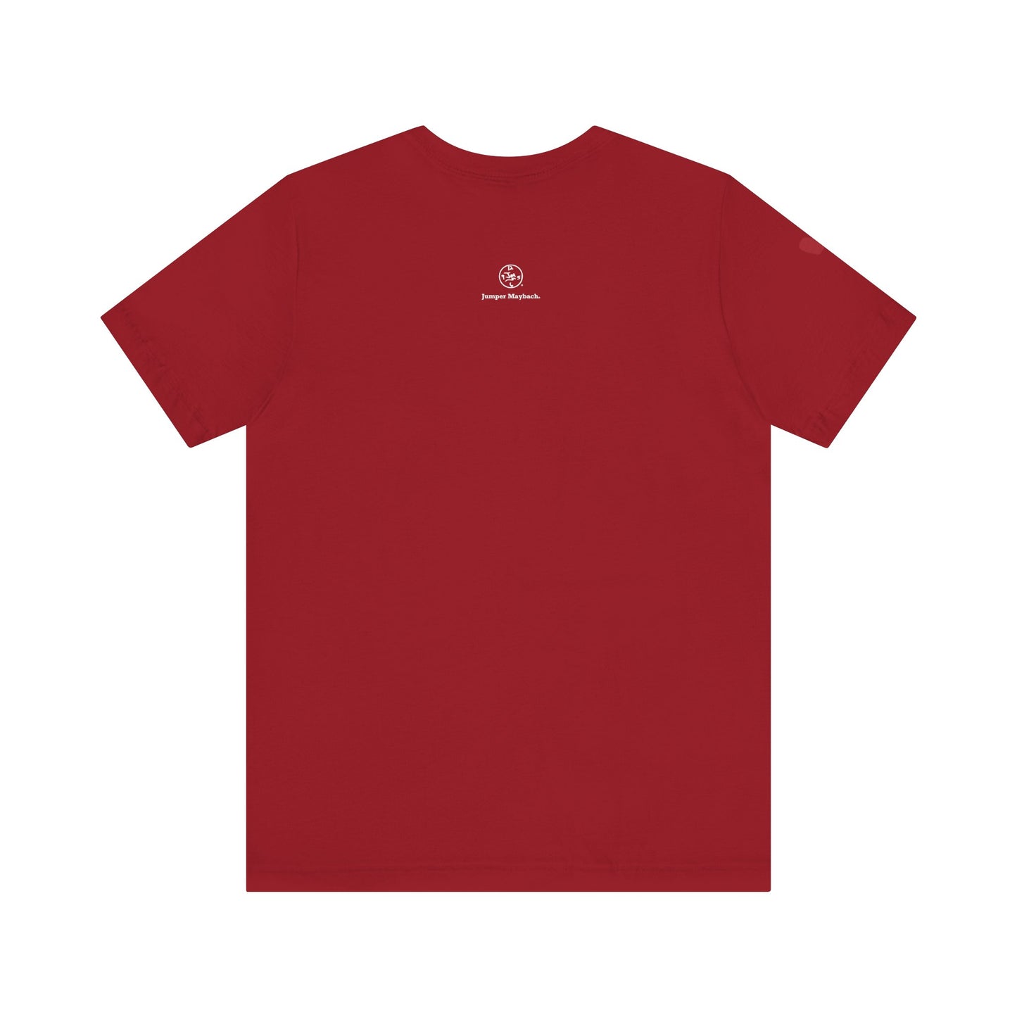 Red t-shirt with a small logo on the back against a white background