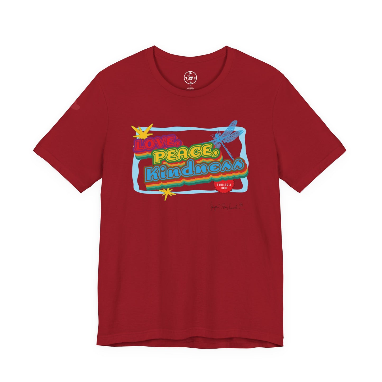 Red t-shirt with colorful graphic design on a white background
