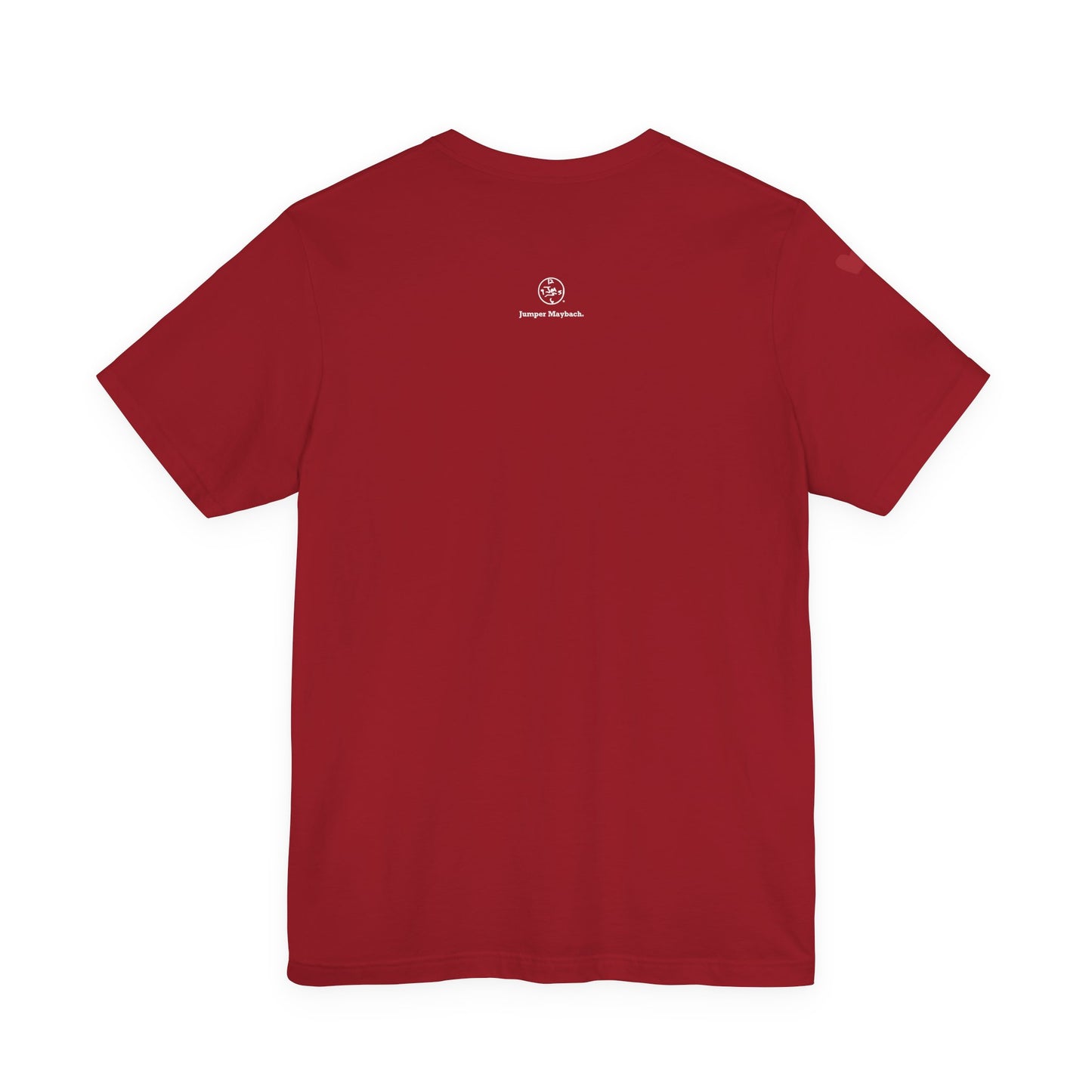 Red t-shirt with a logo on the back against a white background