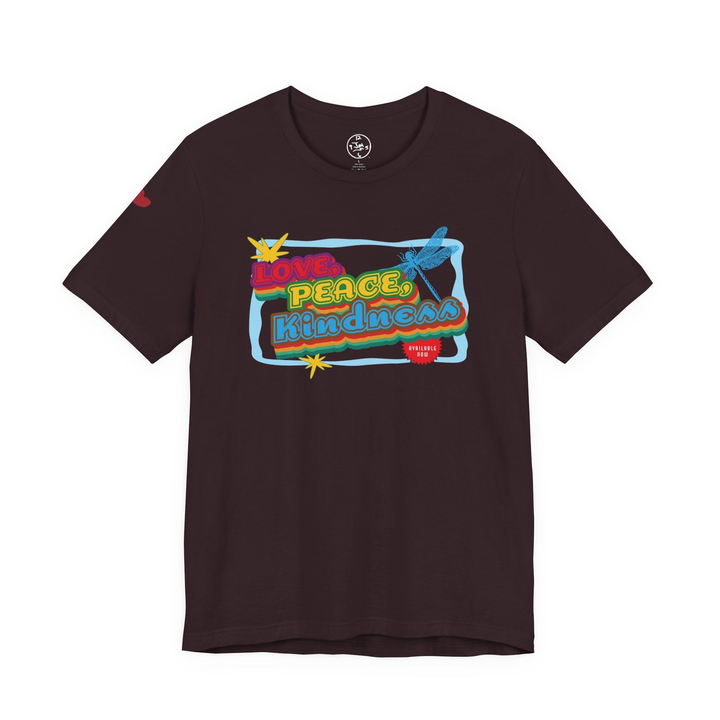 Black t-shirt with colorful graphic design on a white background