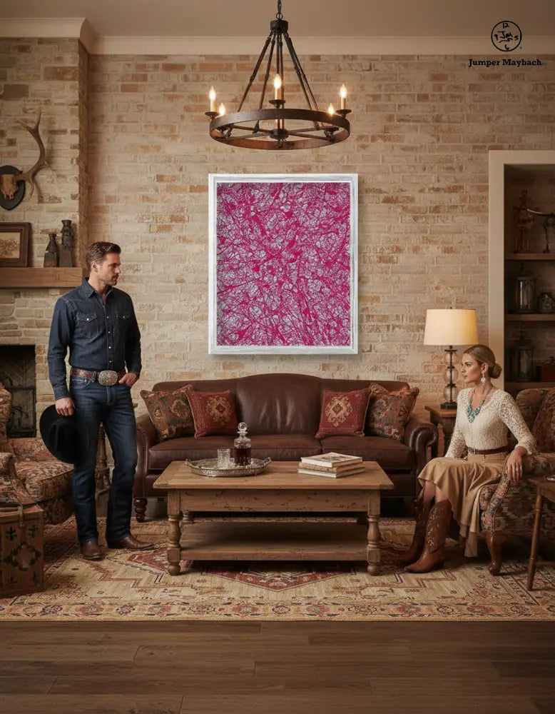 Red Galaxy print on paper by Jumper Maybach featuring vibrant cosmic artwork in a gallery setting.