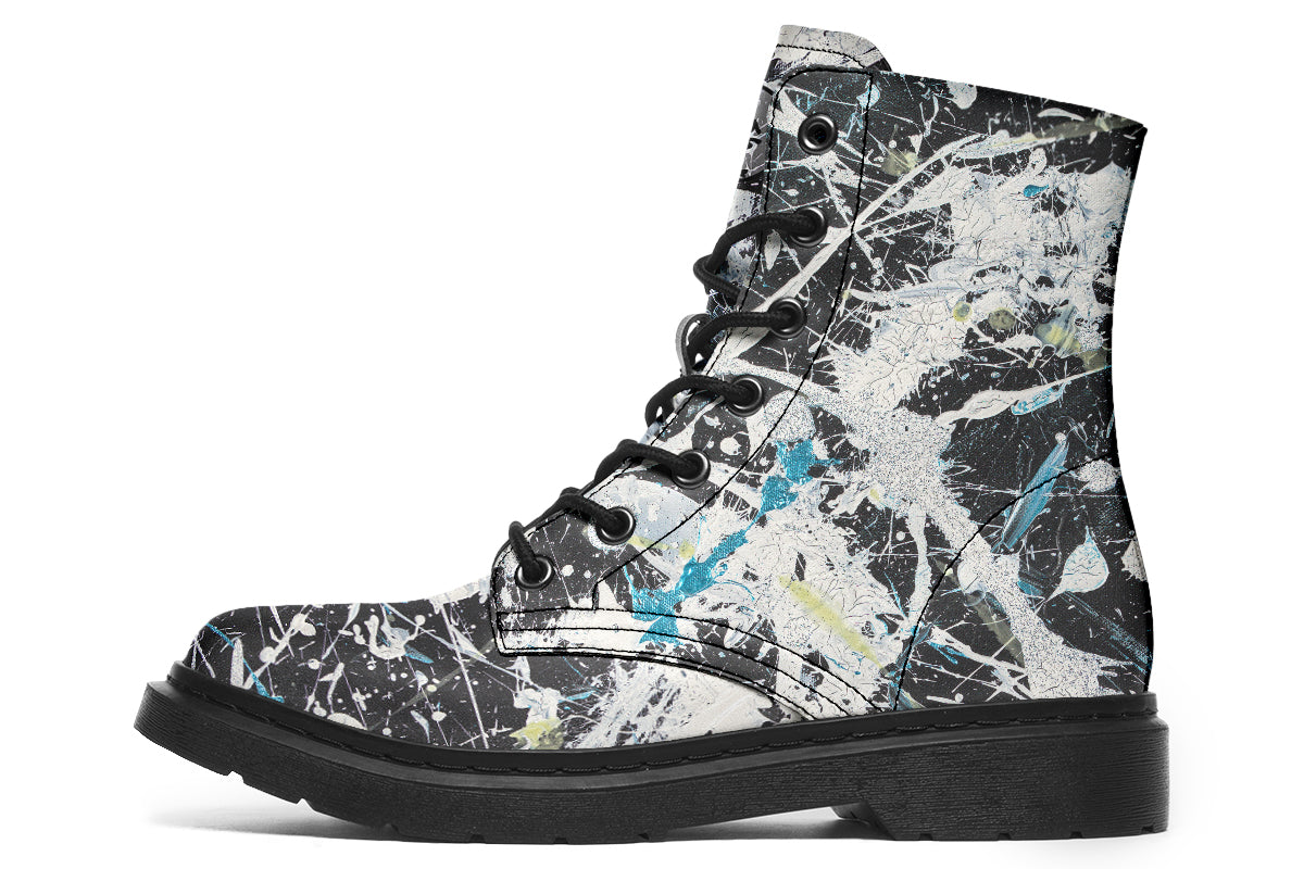 Black and white splatter-patterned boot on a white background