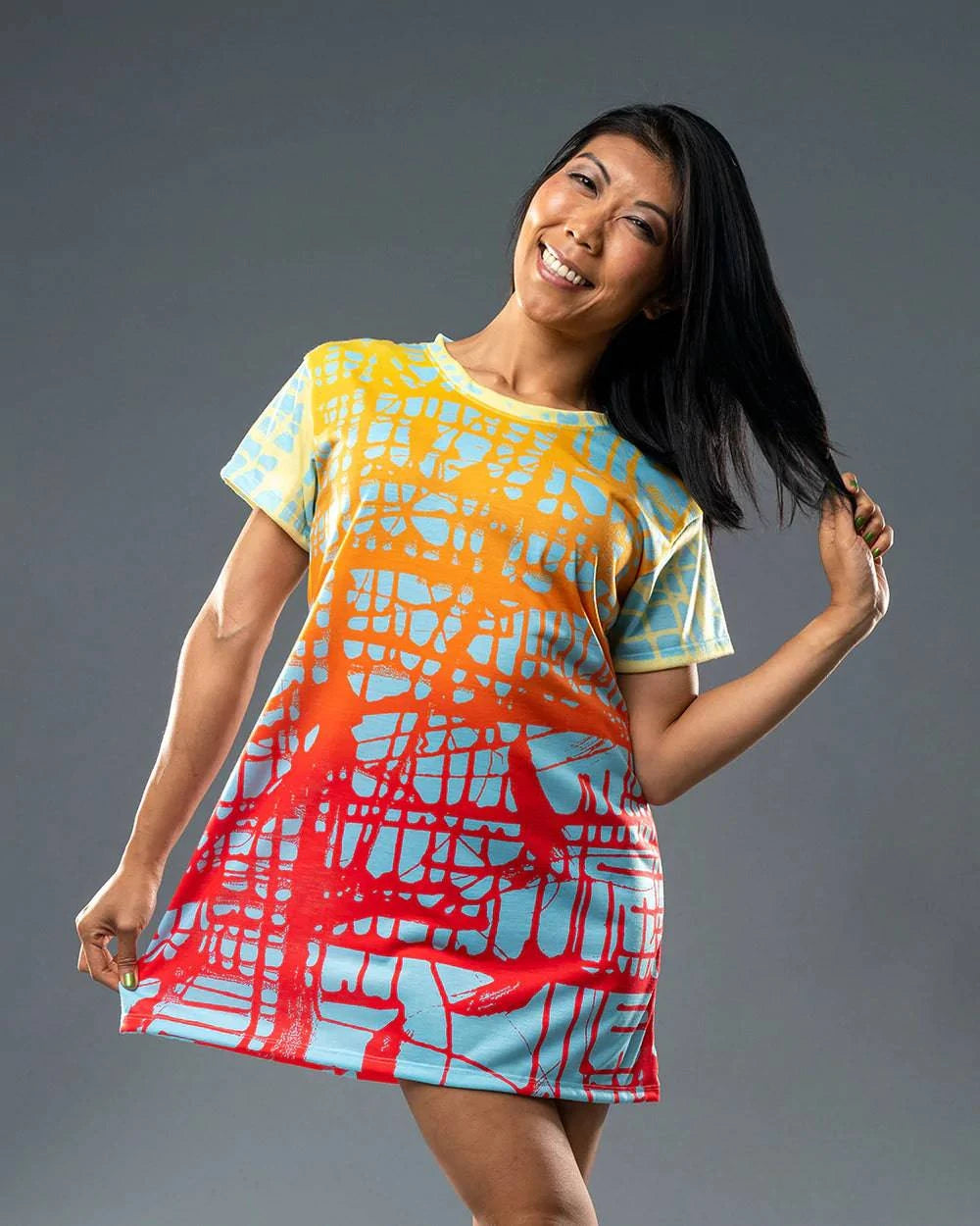 Inspired by Jumper Maybach’s original, iconic artwork "Sunset Matrix”
6oz Jersey Knit - Poly Fabric
All over print
Custom cut and sewn
Ribbed crewneck
Lower rear Sunrise Matrix, the T-Shirt Dress by Jumper Maybach®DressesMWWJumper Maybach