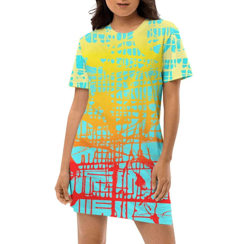 Inspired by Jumper Maybach’s original, iconic artwork "Sunset Matrix”
6oz Jersey Knit - Poly Fabric
All over print
Custom cut and sewn
Ribbed crewneck
Lower rear Sunrise Matrix, the T-Shirt Dress by Jumper Maybach®DressesMWWJumper Maybach