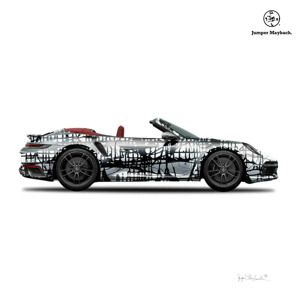 Dark Matrix Car print by Jumper Maybach featuring a sleek convertible car on paper with signature detail.