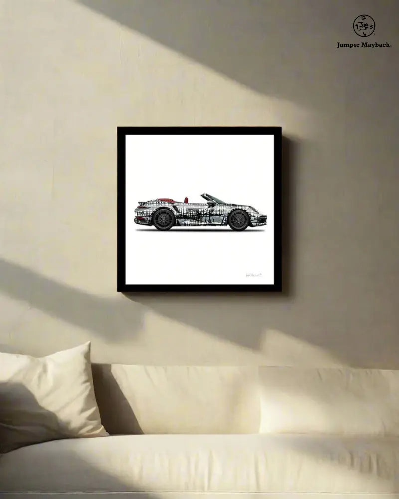 Dark Matrix Car print by Jumper Maybach featuring a sleek convertible vehicle on brick background, available as a paper art print.