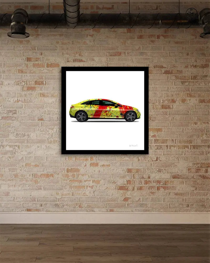 Red Rocket Car print by Jumper Maybach featuring a sleek red sedan on a brick gallery background.