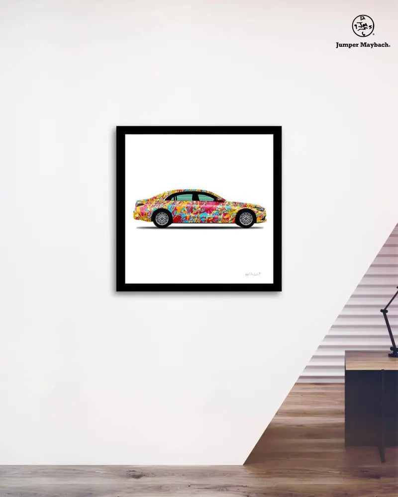 Print of a World Jumper Car by Jumper Maybach on paper, featuring a sleek sedan design with detailed cityscape background.
