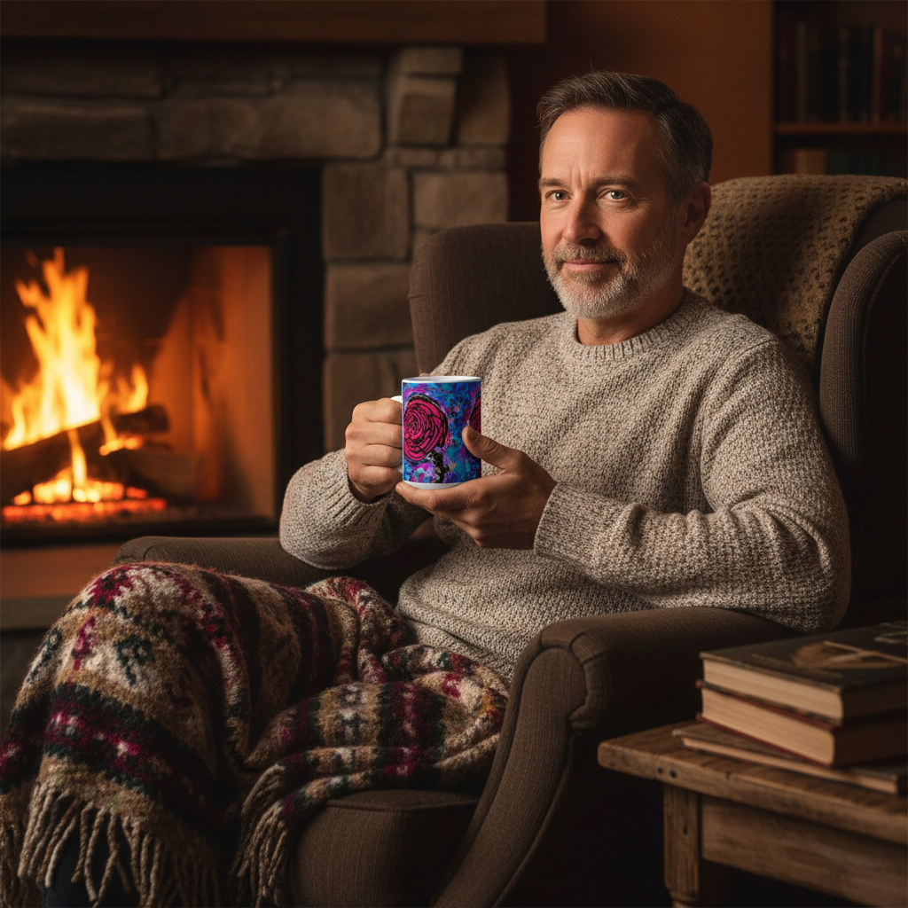 Man sitting in a cozy living room with a fireplace, holding a mug.
