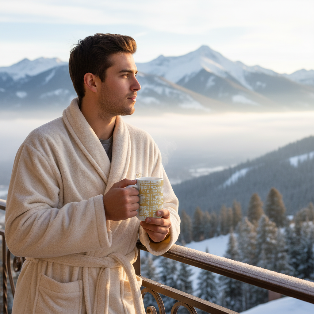 Man in a robe holding a mug with a mountain view in the background