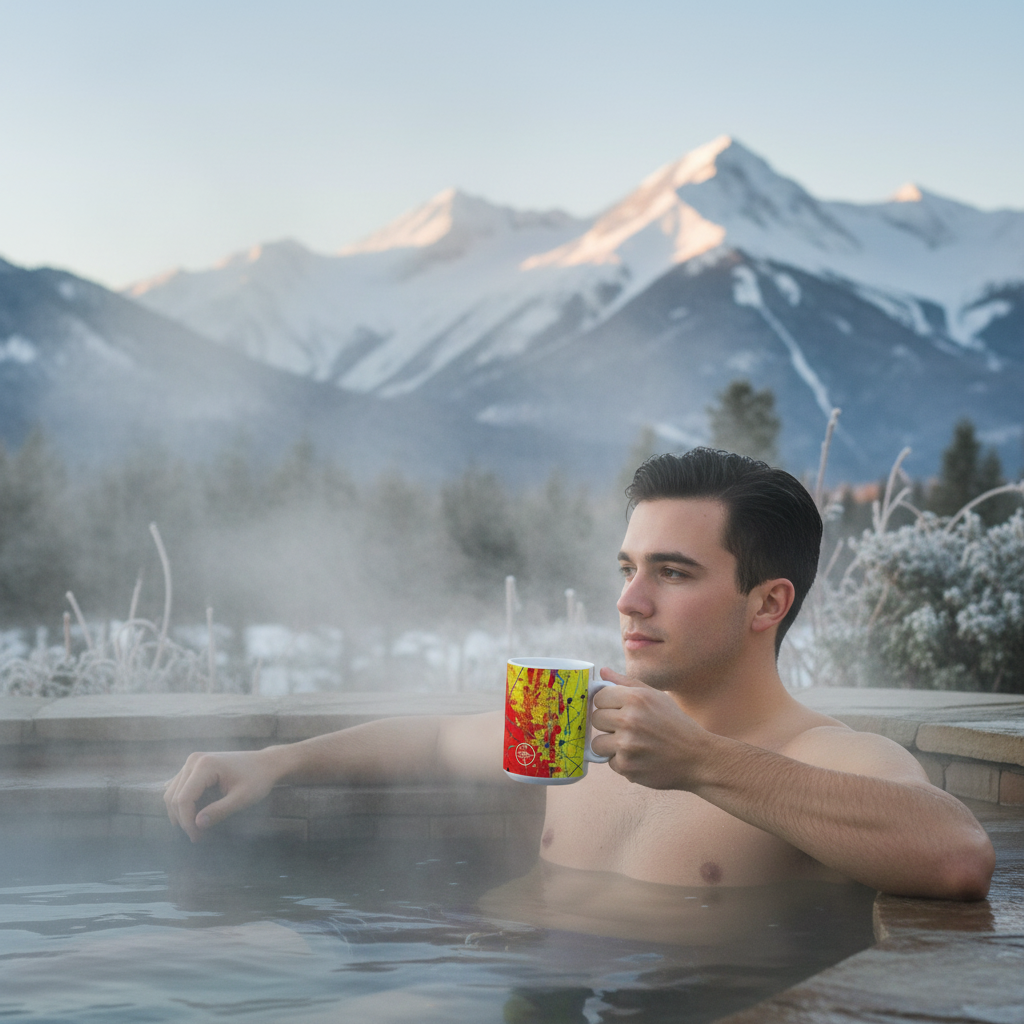 Man in a hot tub with mountains in the background holding a mug.