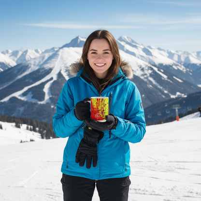 Person in blue jacket holding a colorful drink container with snowy mountains in the background
