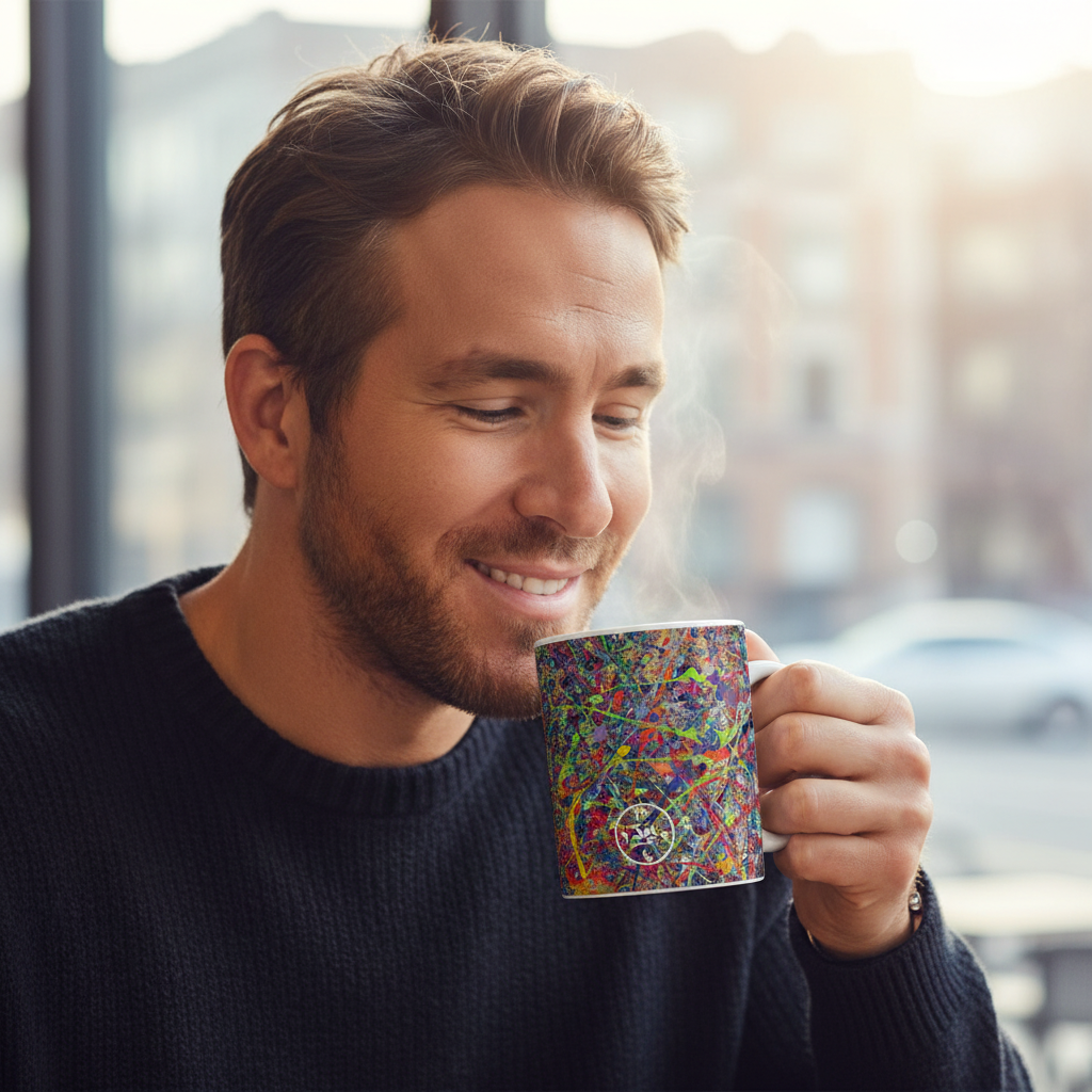 Man holding a colorful mug with a blurred city street in the background