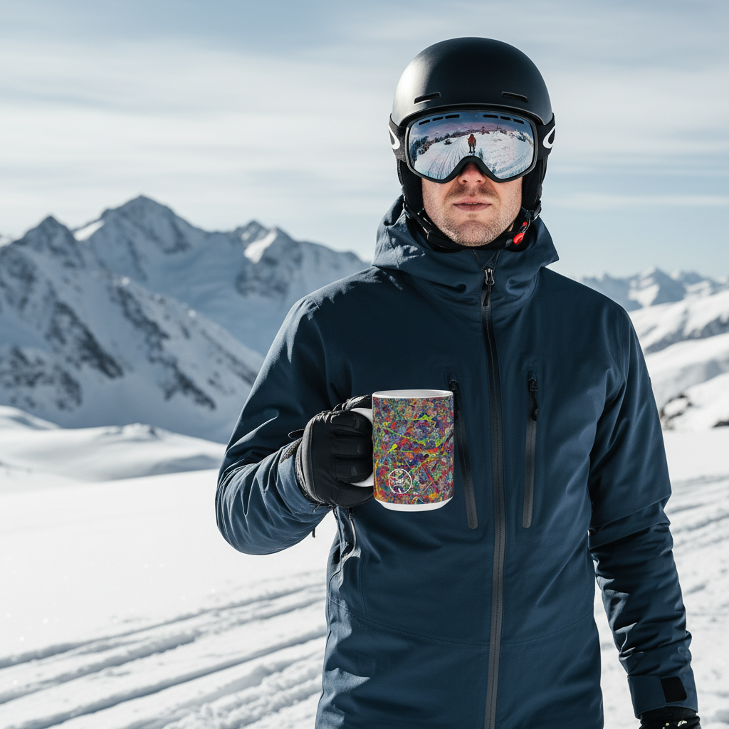 Person in ski gear holding a colorful mug with snow-covered mountains in the background