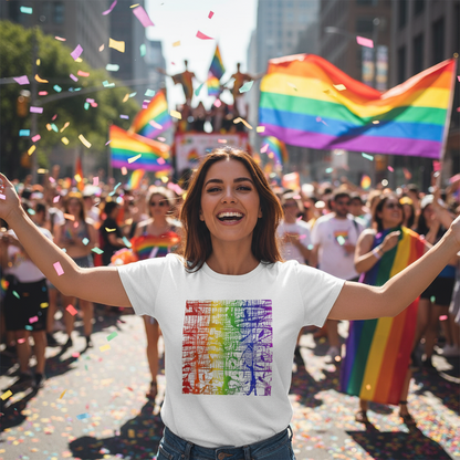Woman in a rainbow-themed t-shirt at a pride parade with confetti and flags.